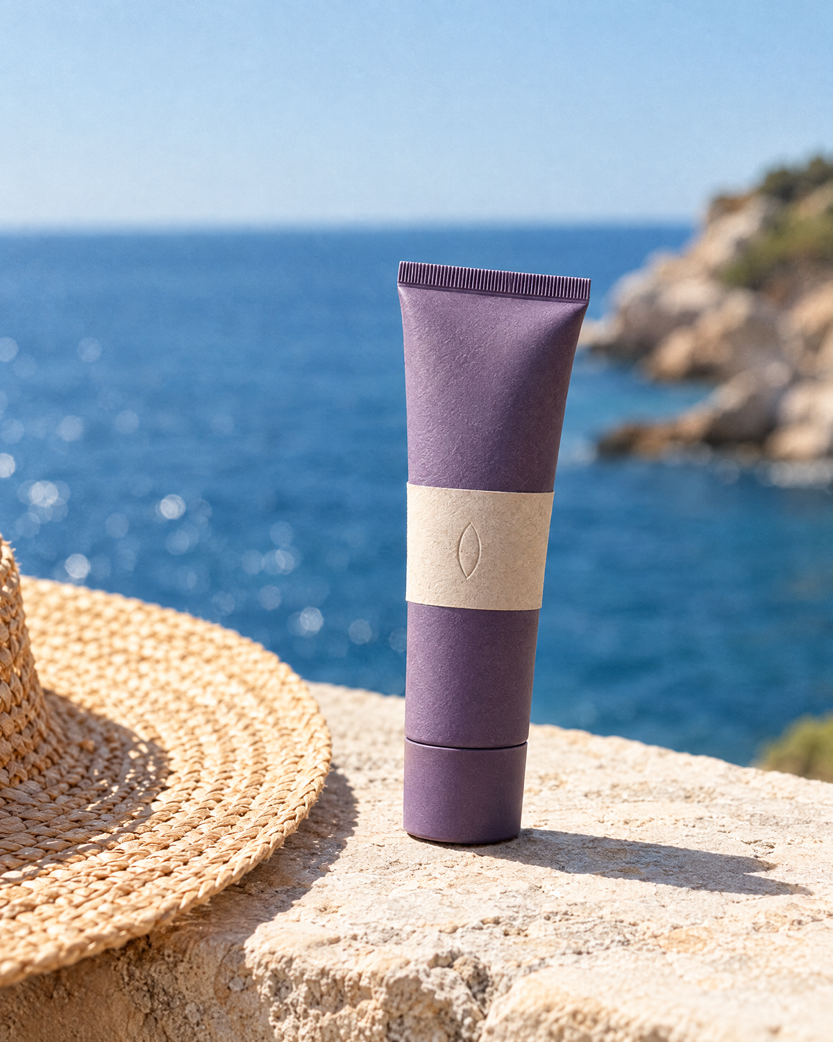 The tinted sunscreen on a stone ledge by the sea at midday