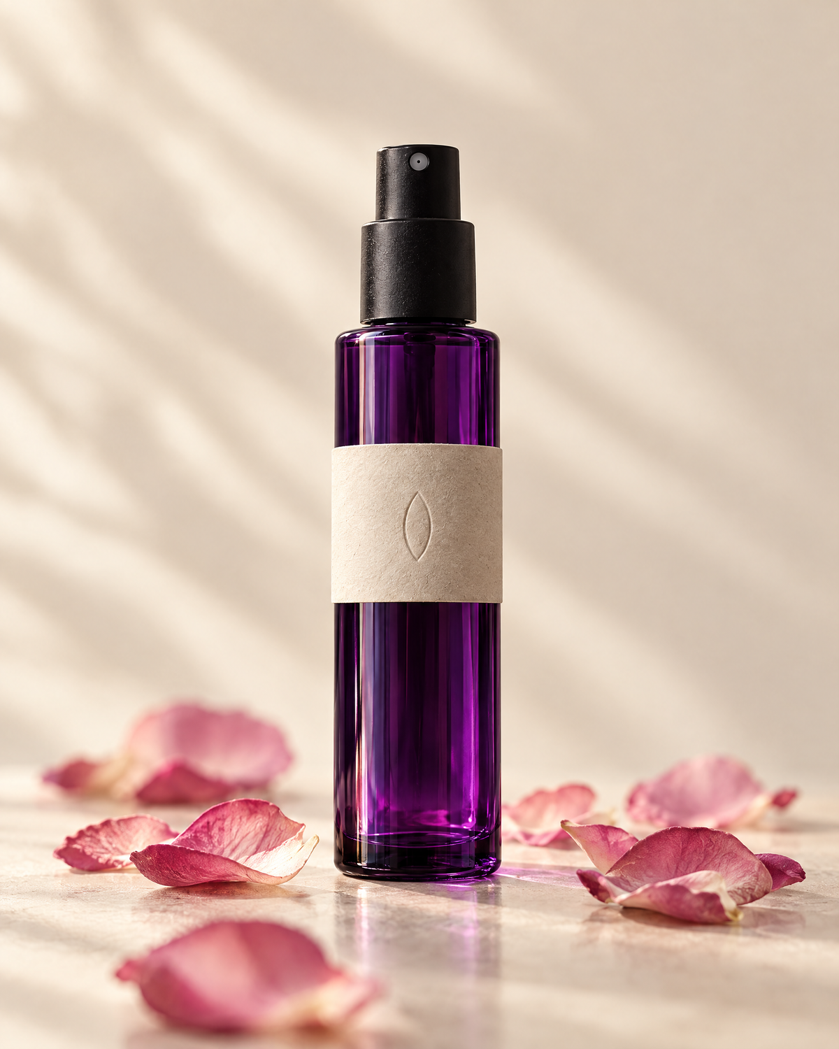The rose mist backlit against cream with rose petals at its foot