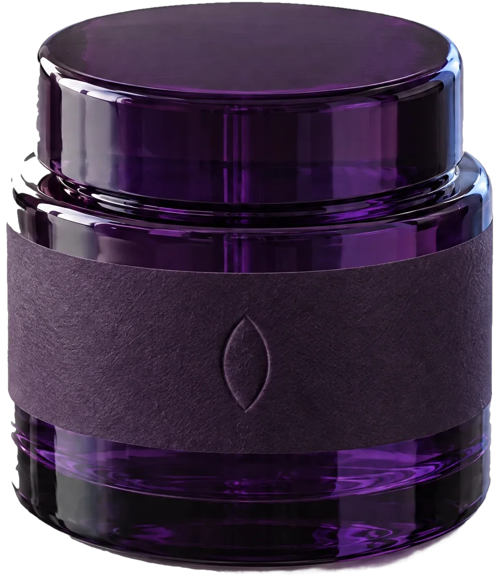 The Almond Balm, a violet glass bottle with a paper band