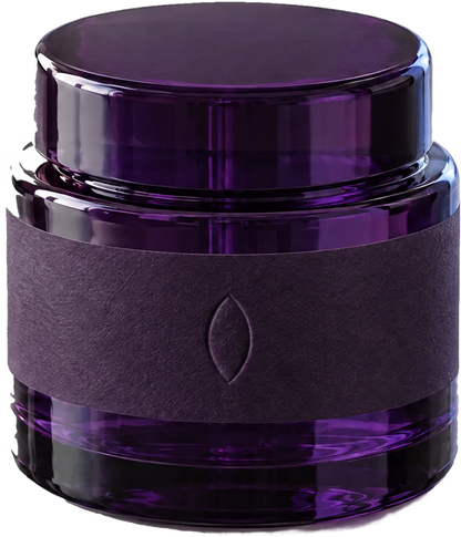 The Almond Balm, a violet glass bottle with a paper band