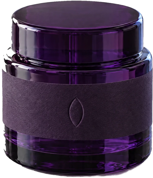 The Almond Balm, a violet glass bottle with a paper band