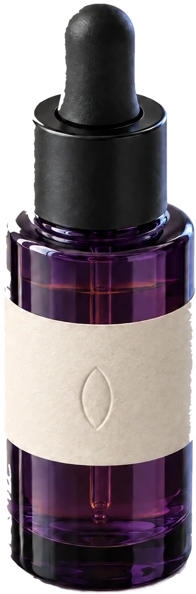 The Bright Drops, a violet glass bottle with a paper band