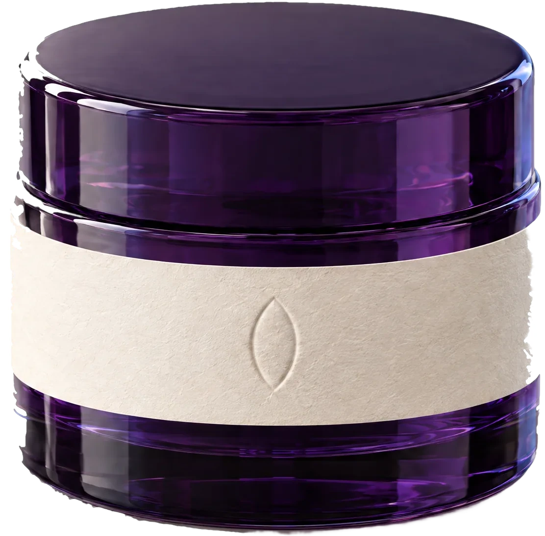 The Day Cream, a violet glass bottle with a paper band