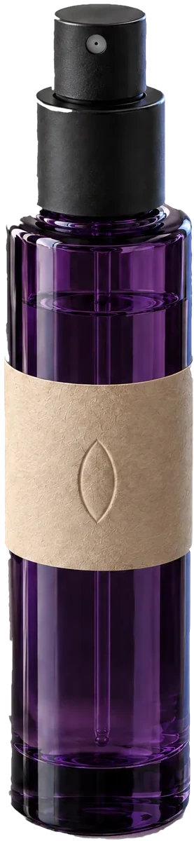 The Rose Mist, a violet glass bottle with a paper band