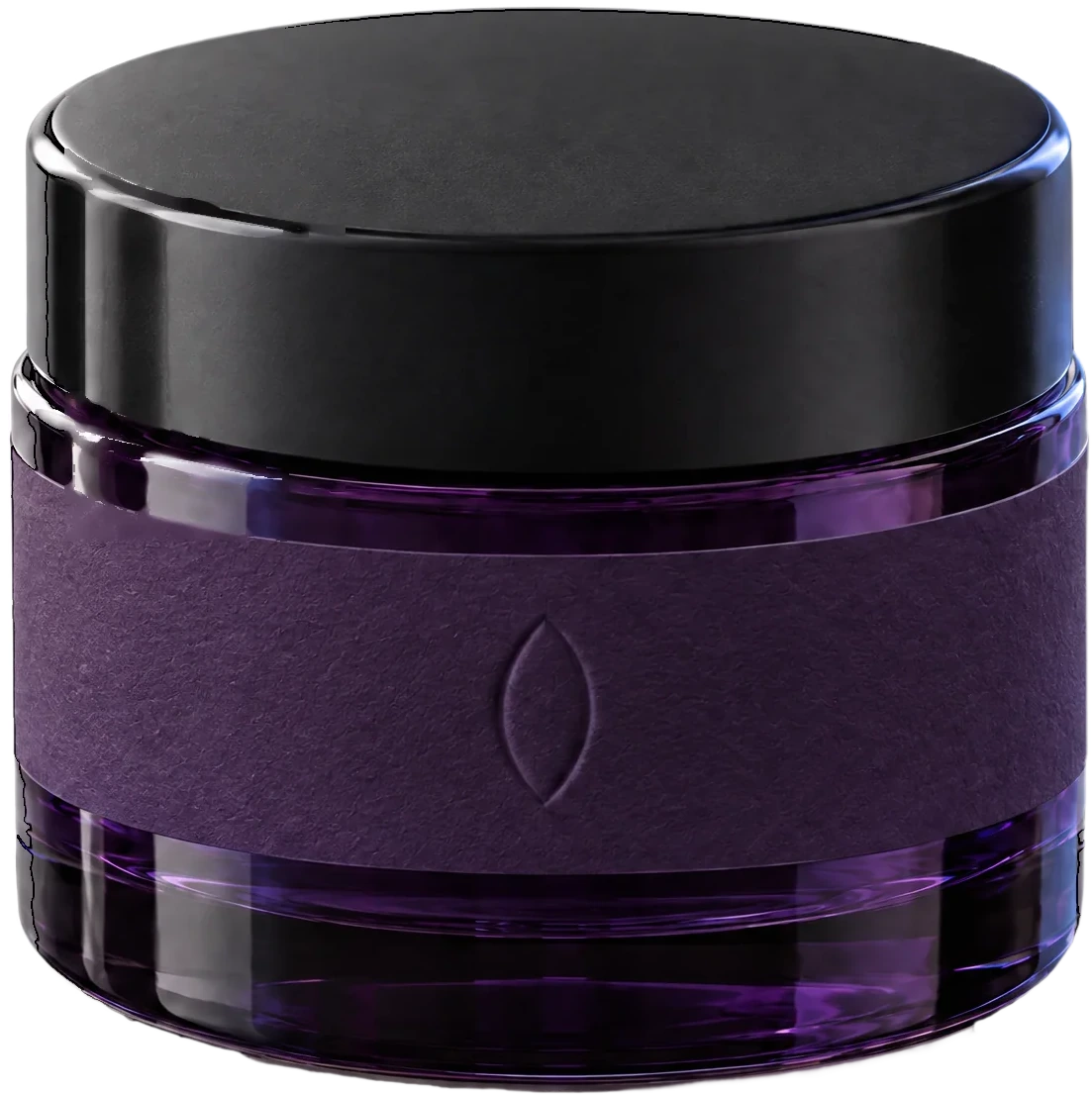 The Night Cream, a violet glass bottle with a paper band