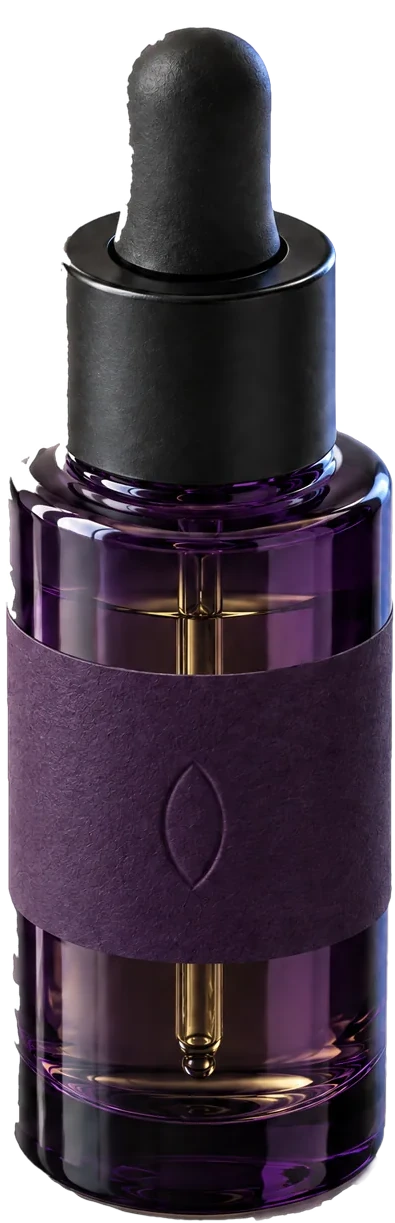 The Almond Oil, a violet glass bottle with a paper band