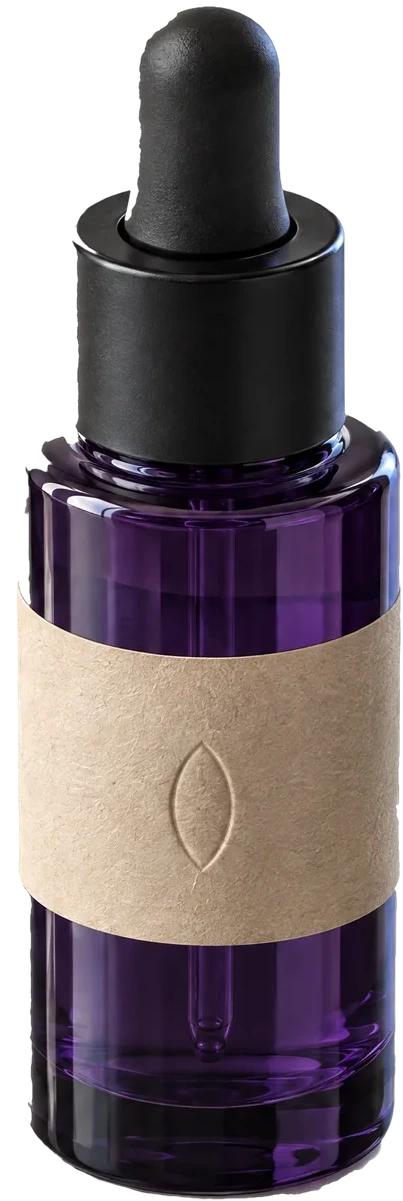 The Serum, a violet glass bottle with a paper band