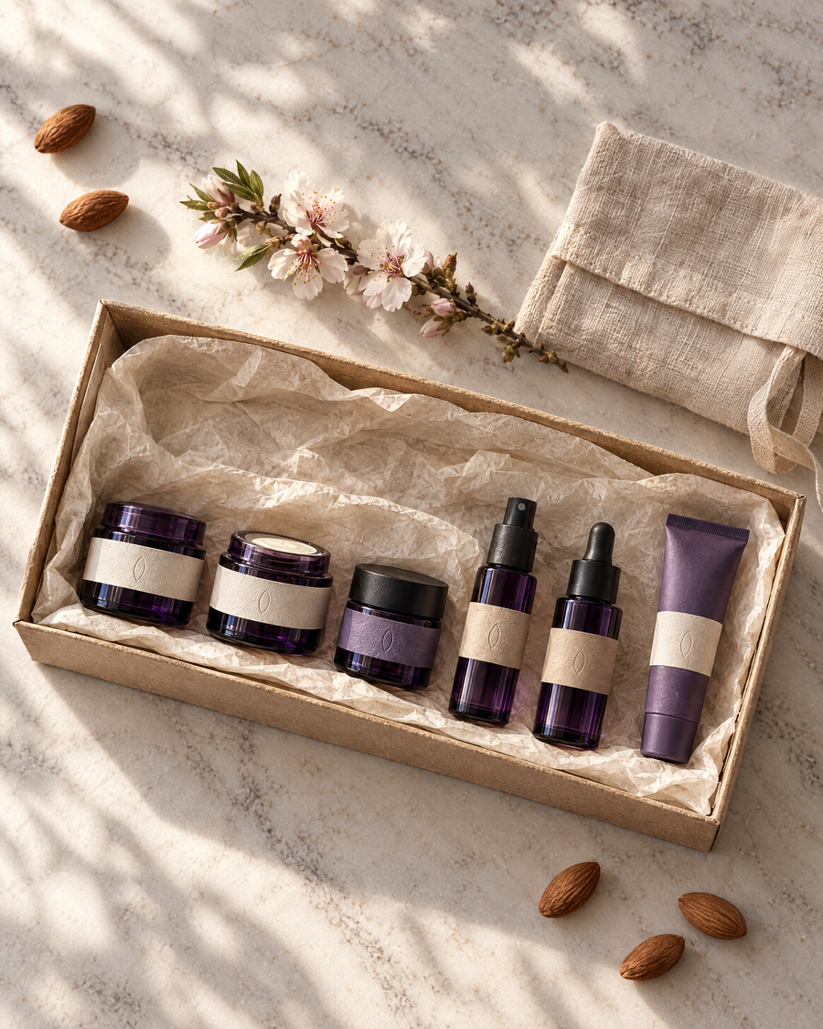 The discovery set lying in its kraft travel box with a linen pouch