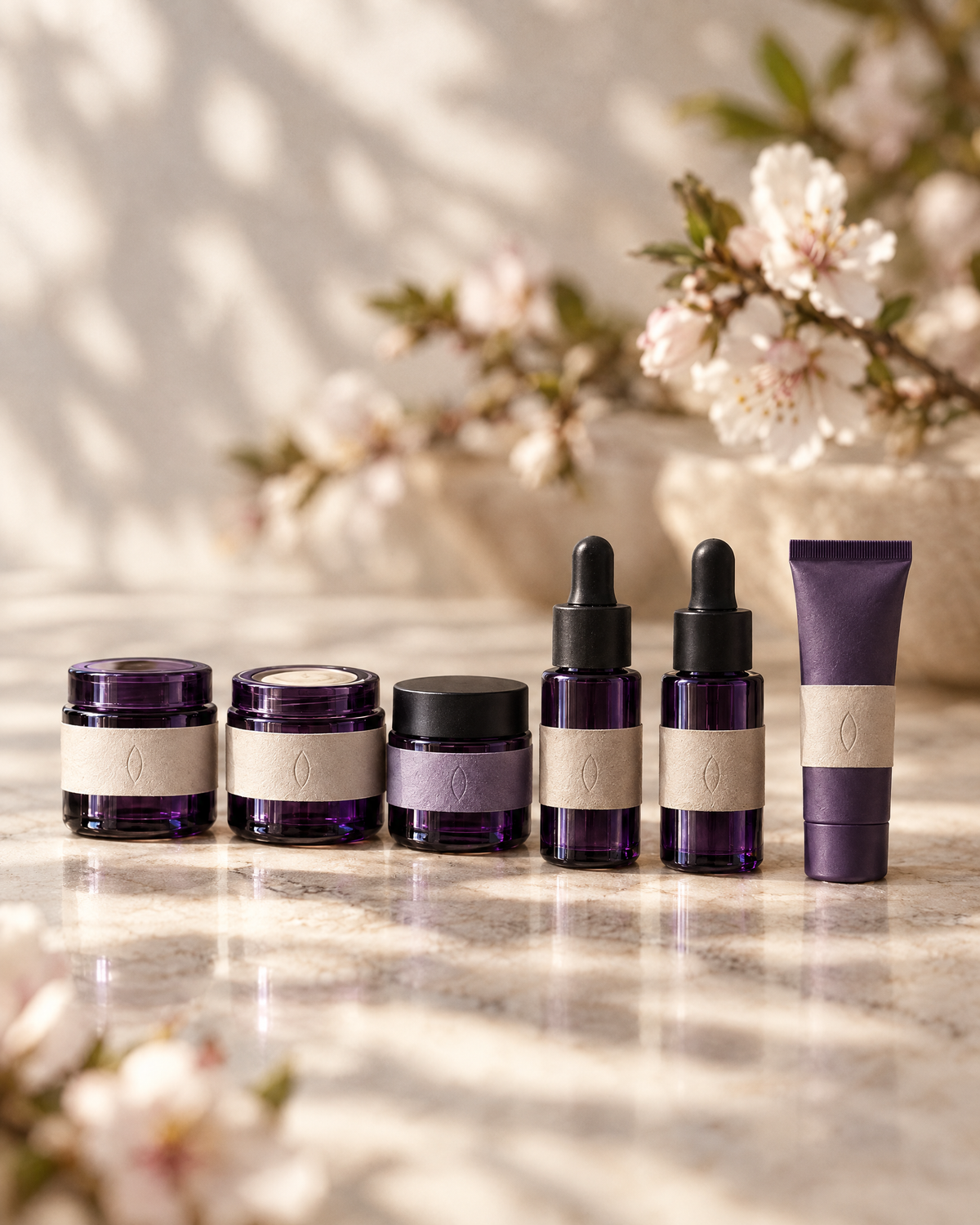 The six ten millilitre bottles of the discovery set in a row on marble