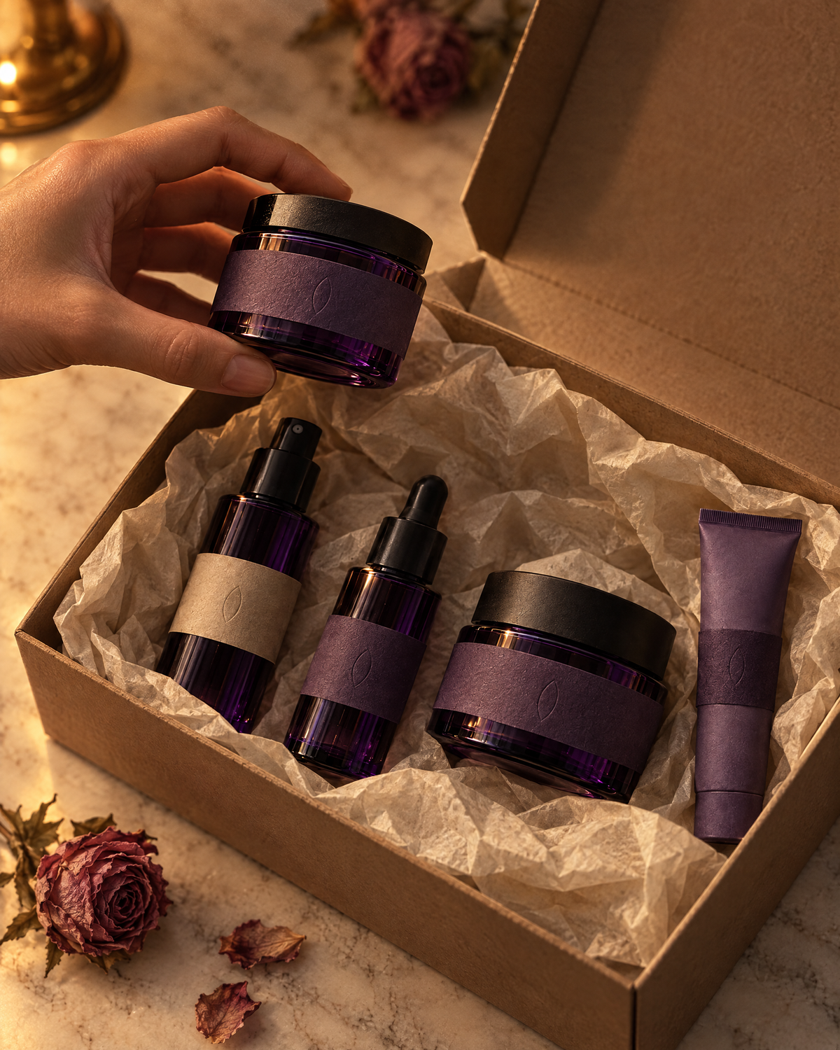 A hand lifting the night cream out of the open night set box