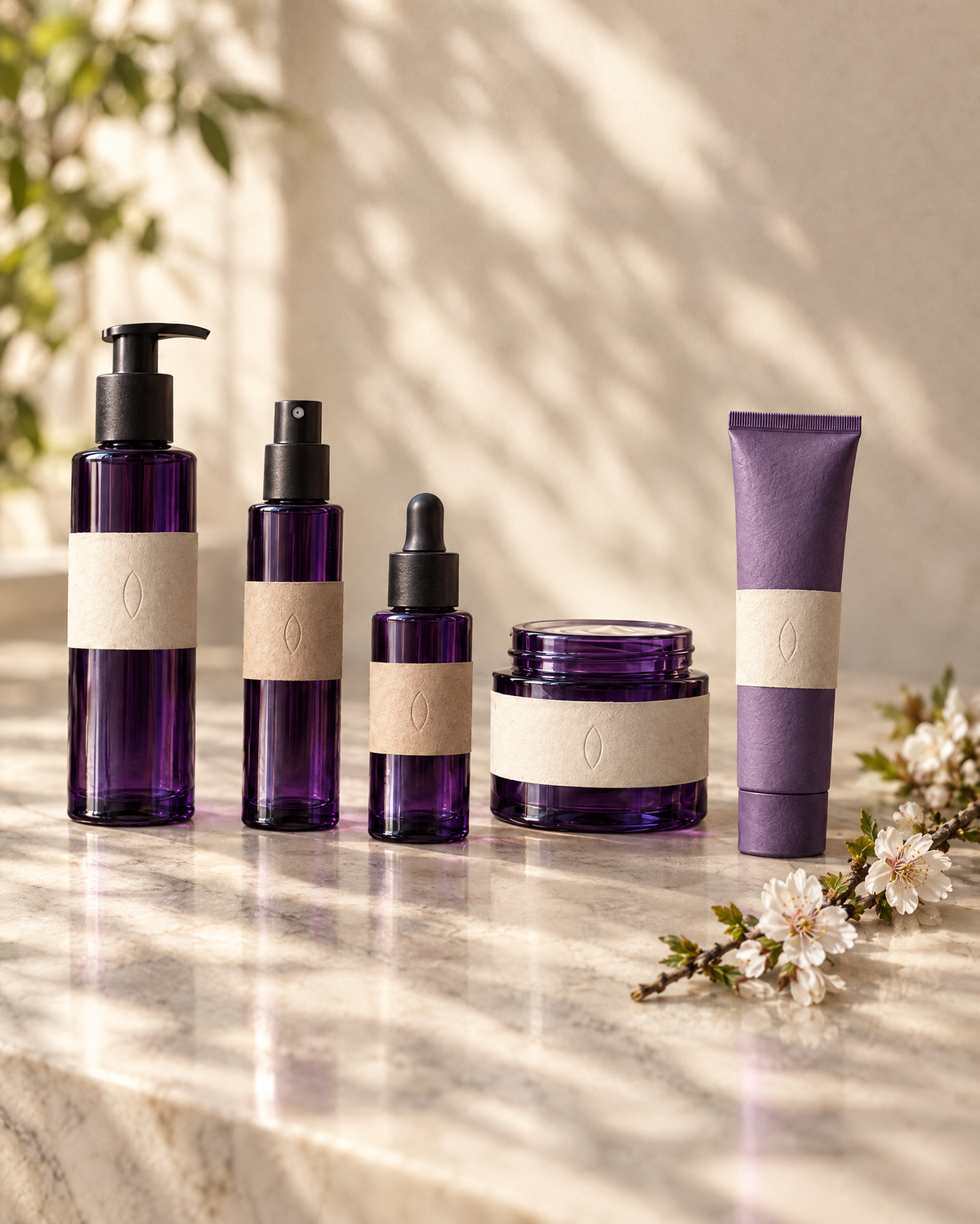 The five morning bottles standing in a row on a marble bench in daylight, almond blossom beside them