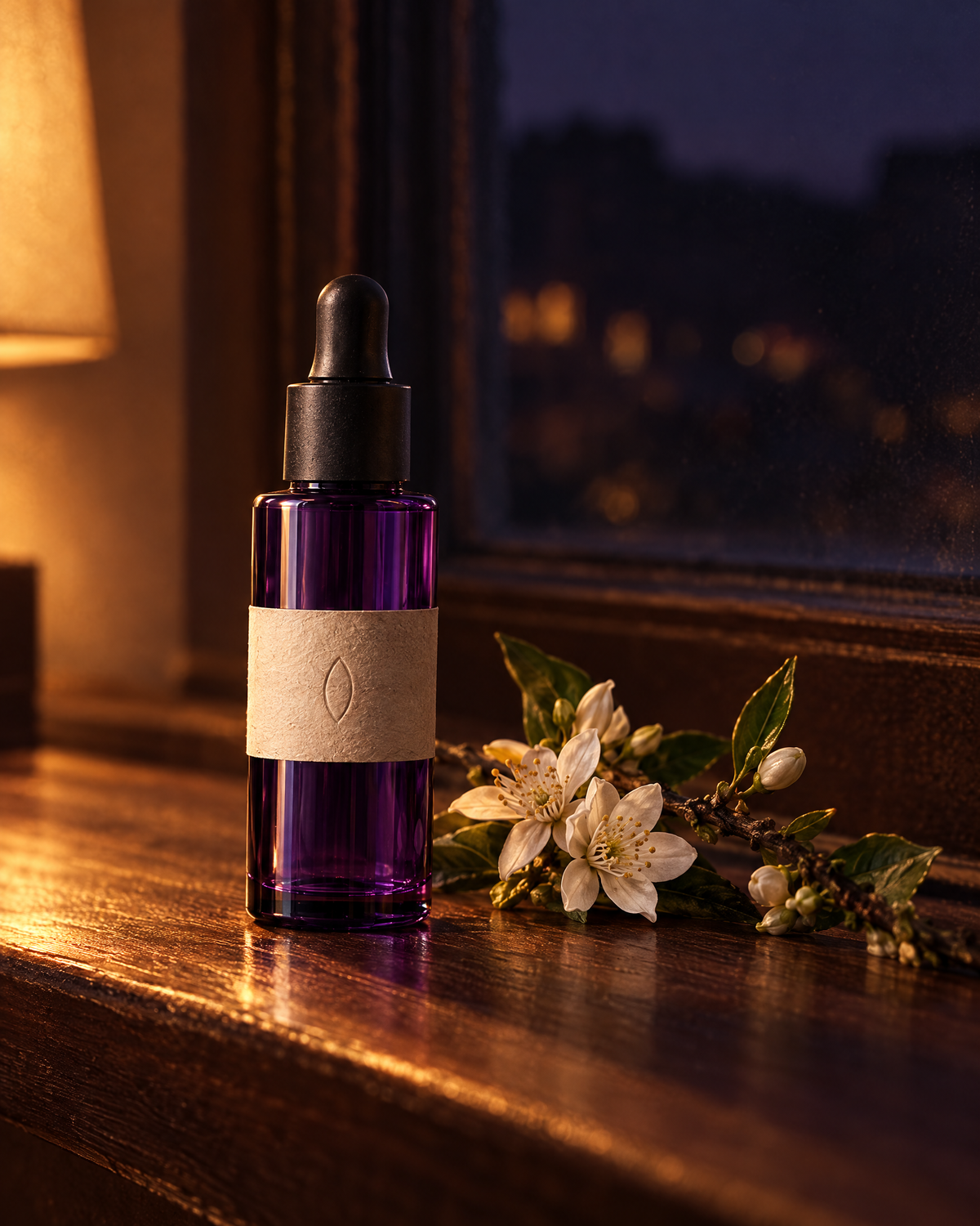 The bright drops on a dark sill at night with a branch of orange blossom