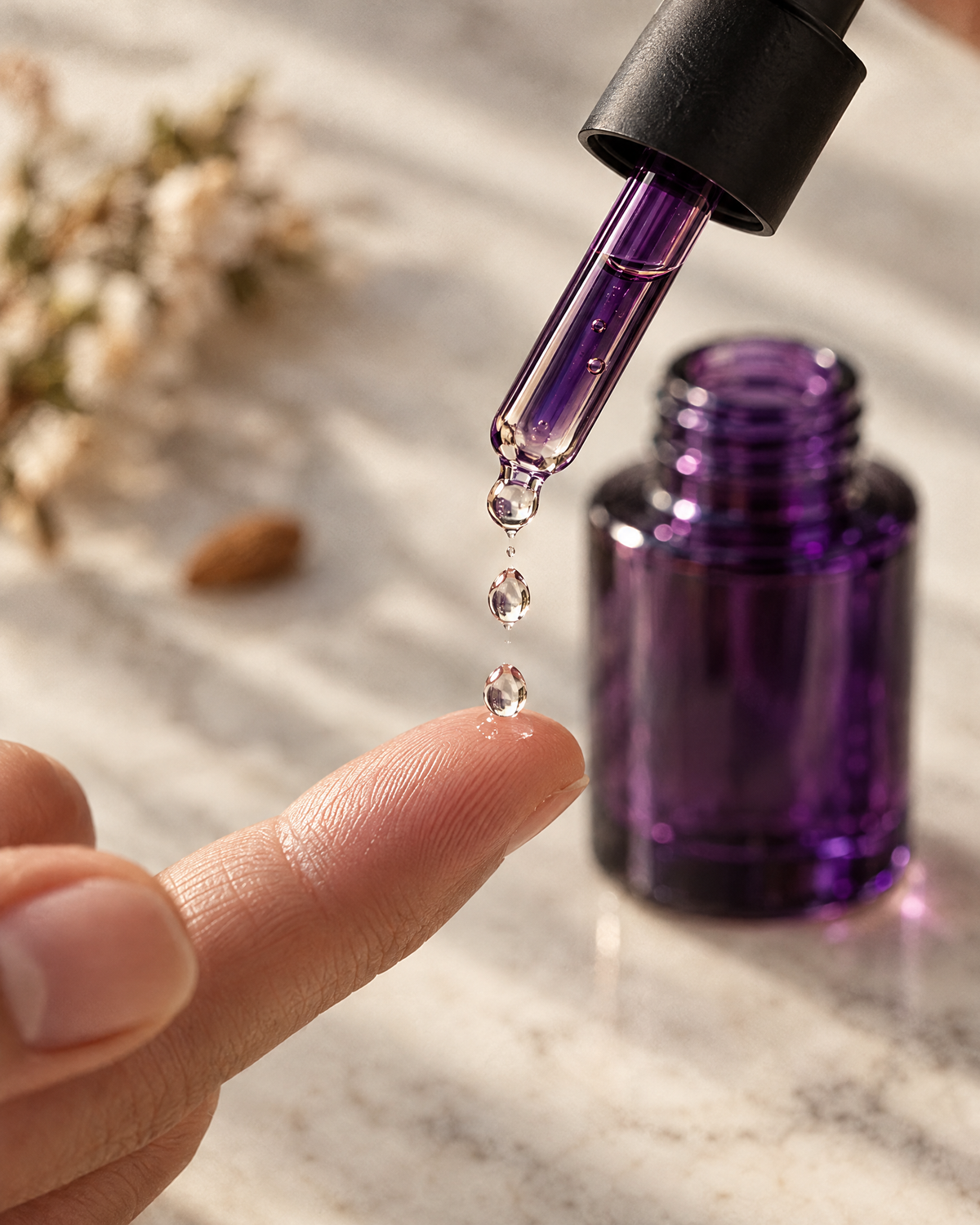 Three drops of the serum falling from the glass dropper onto a fingertip