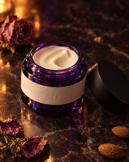 The night cream jar open under lamplight, one swirl taken out of the cream