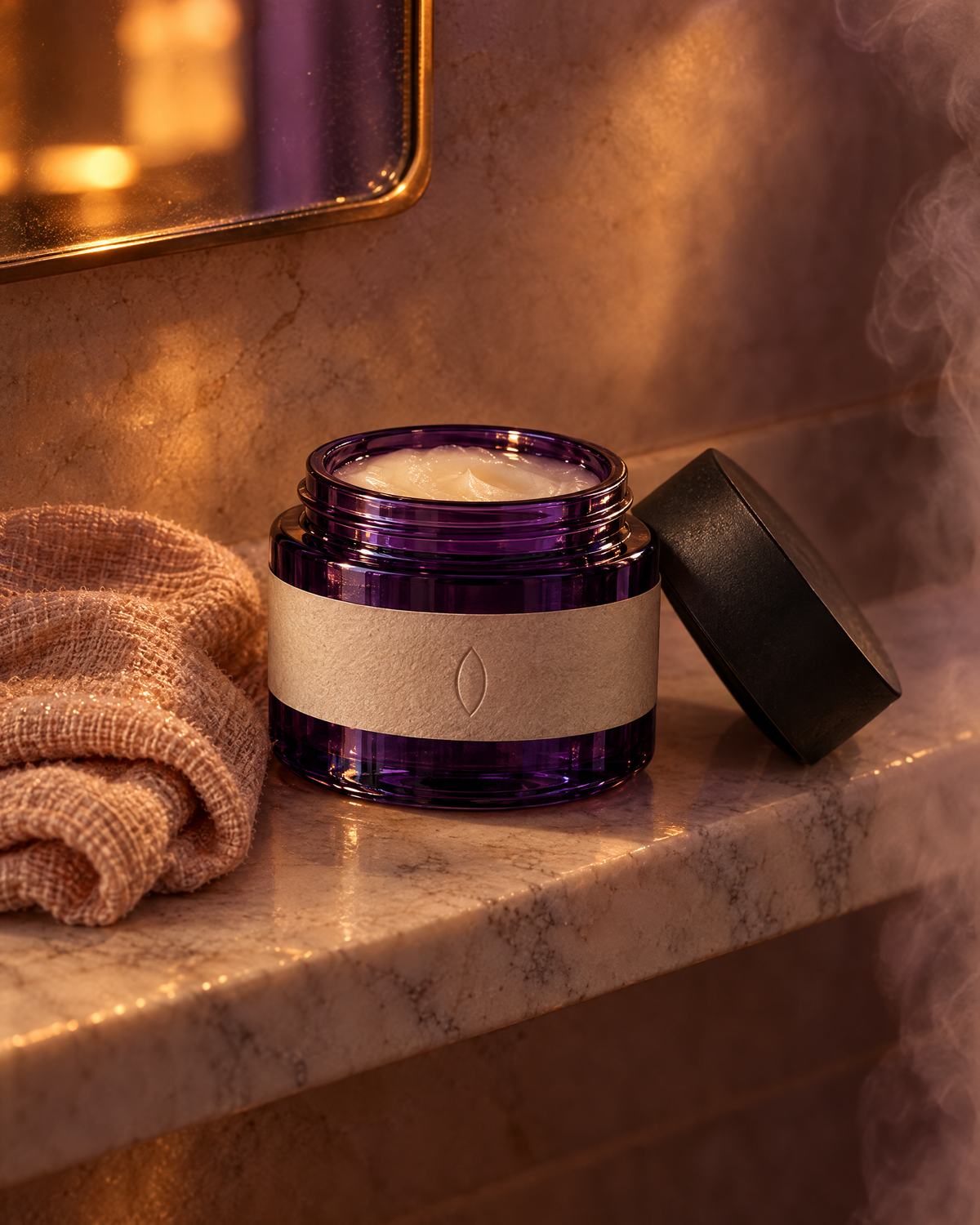 The almond balm open on a marble bathroom shelf in the evening, a warm muslin cloth beside it