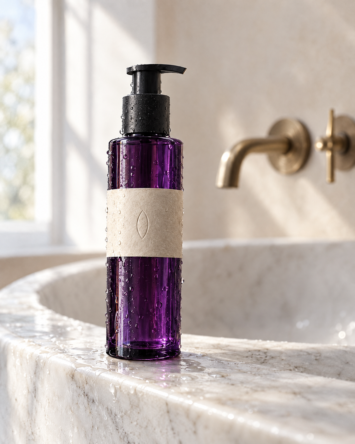 The morning gel on the edge of a marble basin, water beaded on the glass