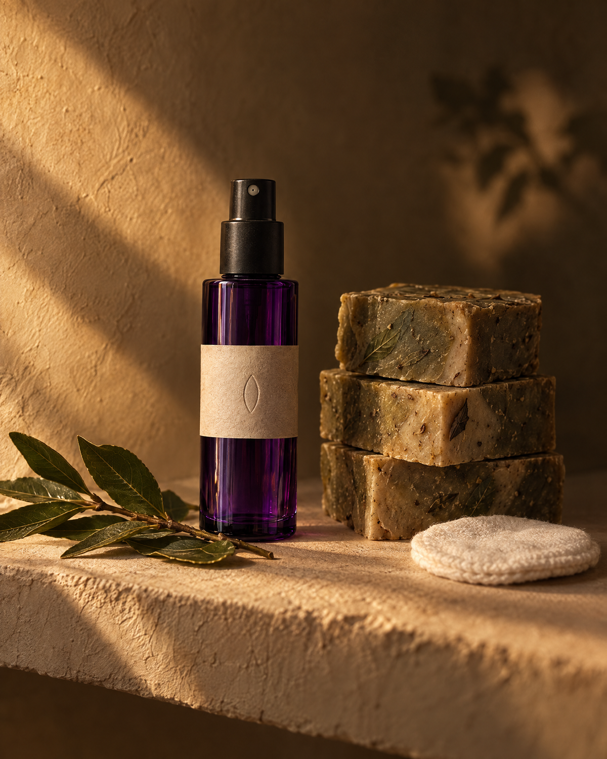 The laurel tonic on a shelf beside hand cut laurel soap and a cotton pad