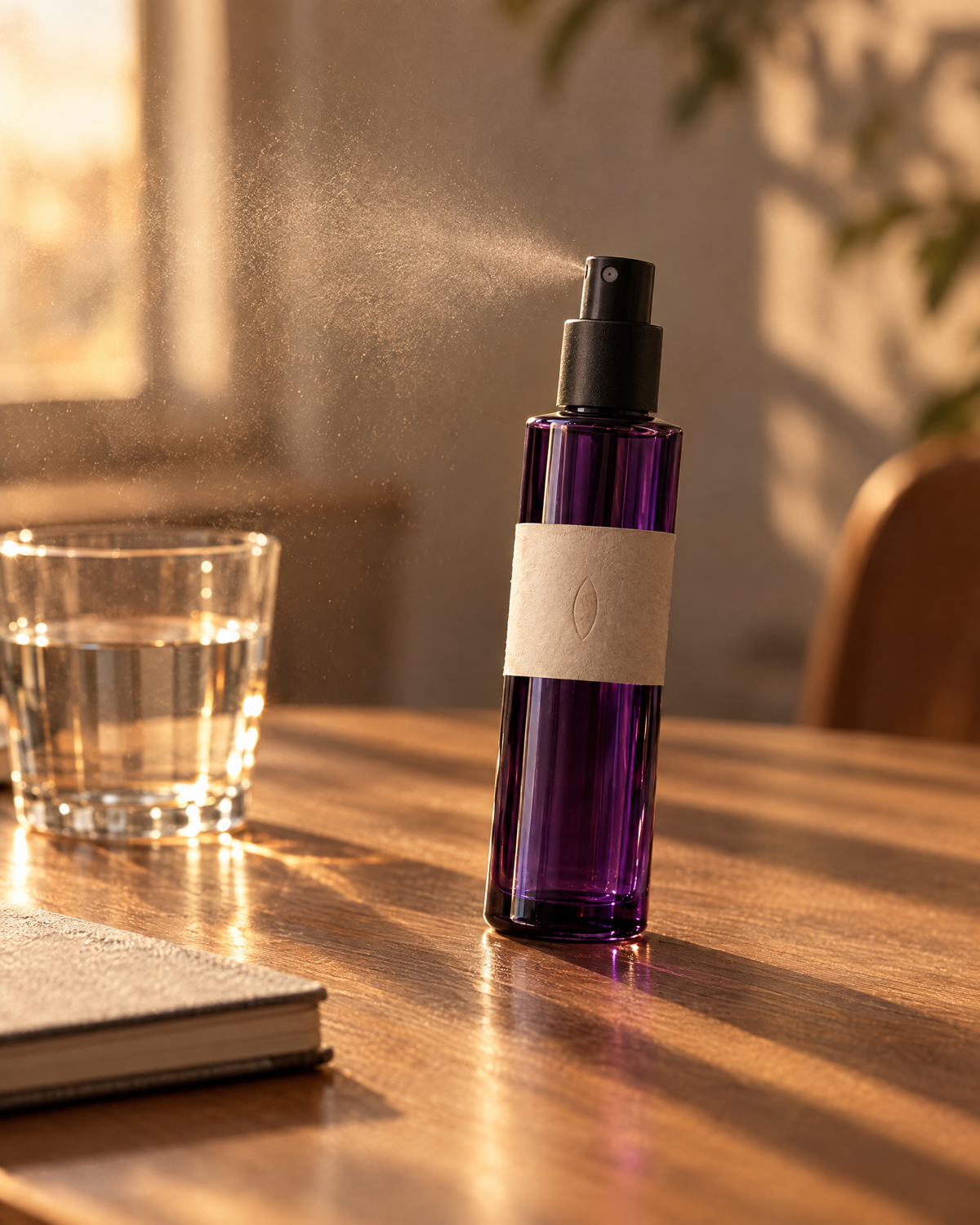 The rose mist on a desk in late afternoon light, a fine spray still in the air