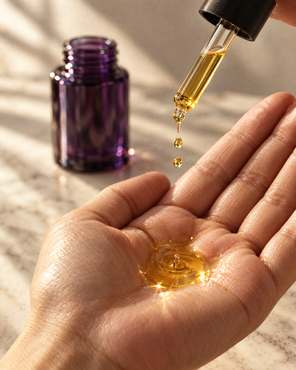 Almond oil pooled in an open palm with two more drops falling from the dropper