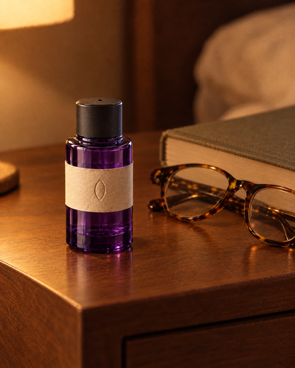 The eye bottle on a bedside table beside reading glasses and a book