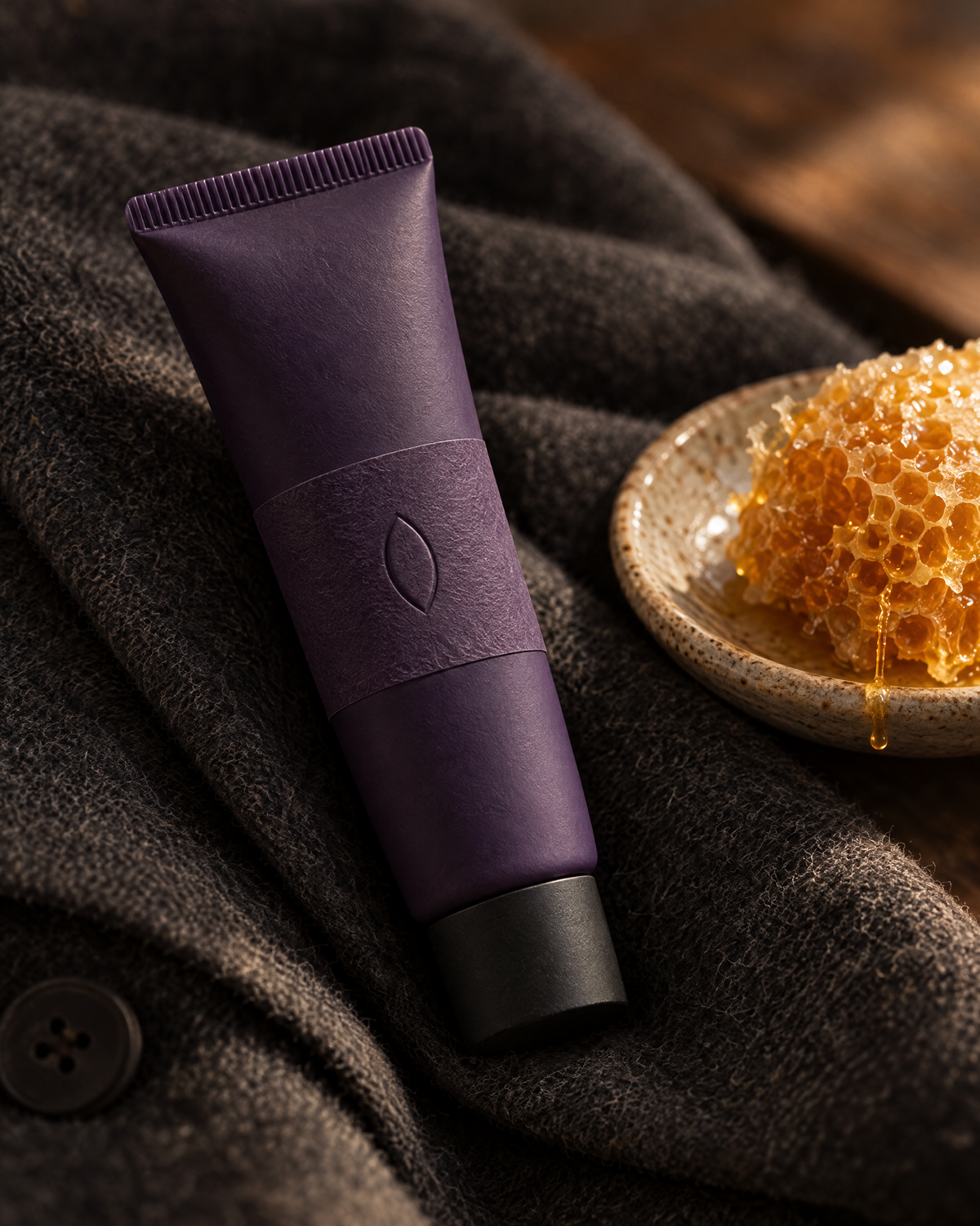 The honey lip balm on a folded wool coat beside a piece of honeycomb