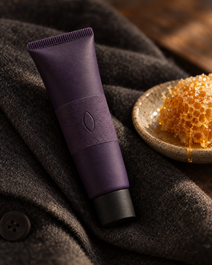 The honey lip balm on a folded wool coat beside a piece of honeycomb