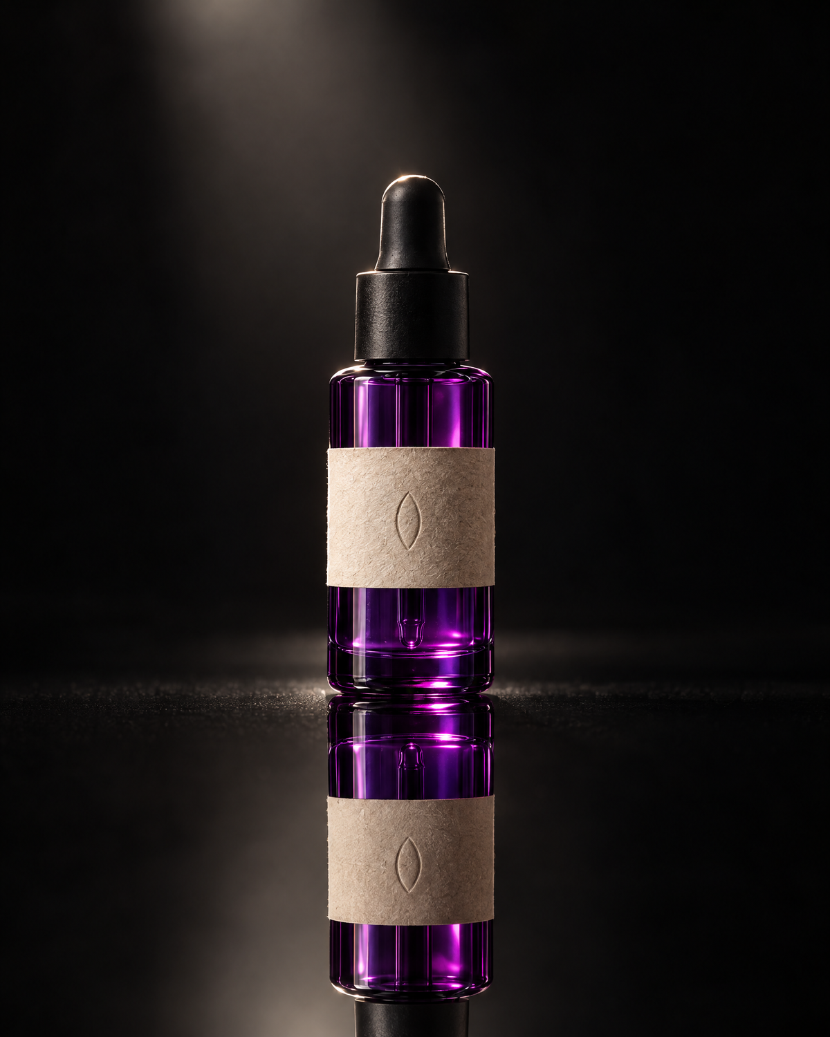 The serum standing on a mirror against darkness, lit through the glass