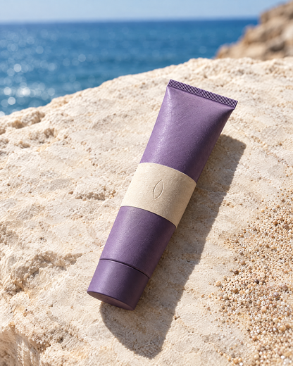 The tinted sunscreen lying on hot pale stone in midday sun, the sea behind