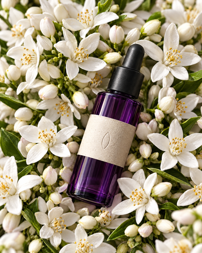 The bright drops lying on a bed of white orange blossom, seen from above