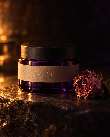 The night cream closed on dark stone by lamplight, a dried rose beside it