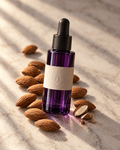The almond oil among whole almonds spilled across marble, one split open