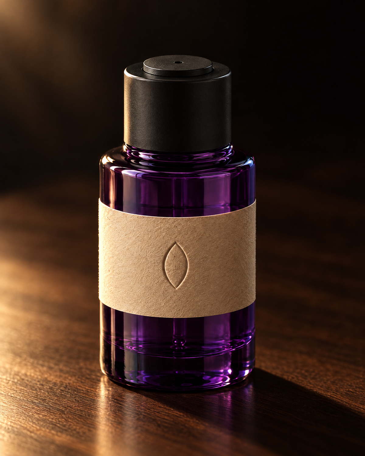 The eye bottle on dark walnut, lit low and warm from one side