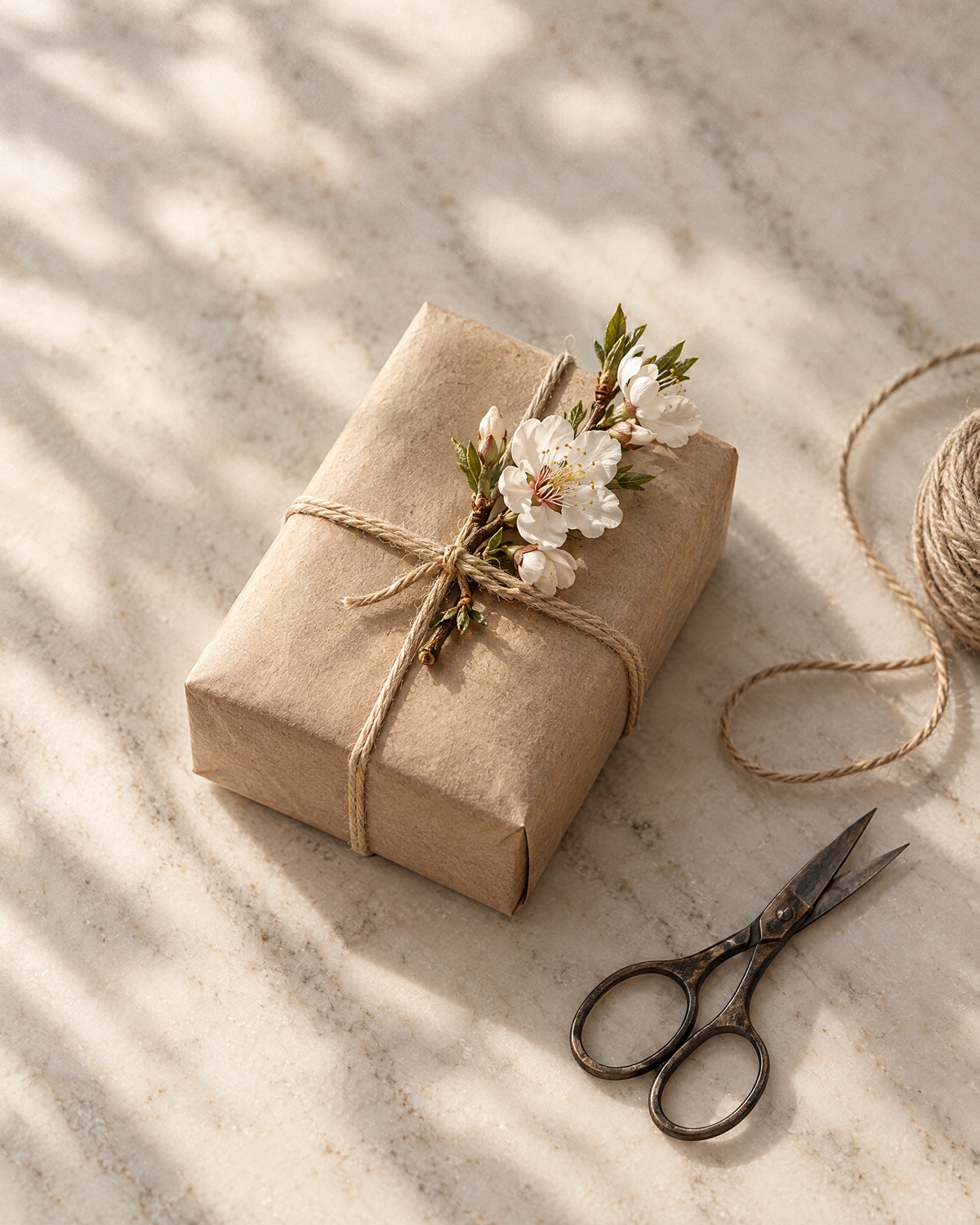 A parcel wrapped in kraft paper and tied with twine, a sprig of almond blossom under the knot