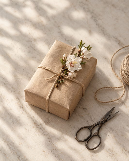 A parcel wrapped in kraft paper and tied with twine, a sprig of almond blossom under the knot
