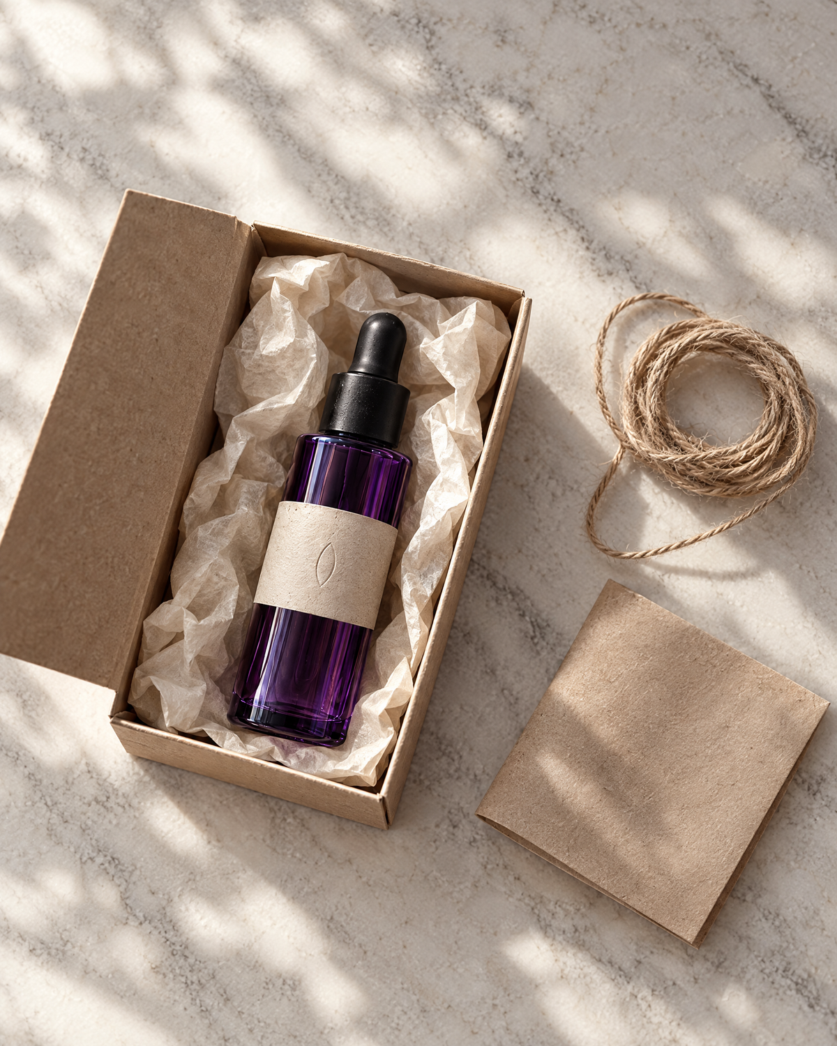A bottle lying in the open kraft box on cream tissue, with the twine beside it