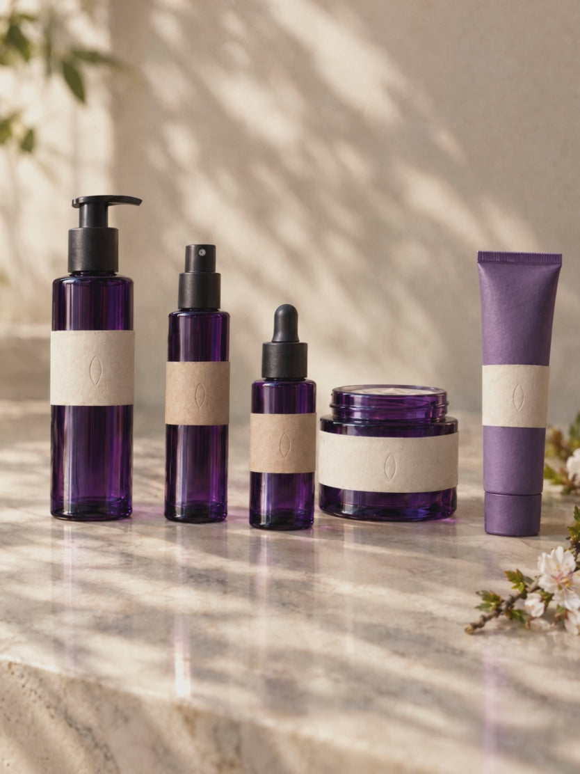 The five morning bottles on the marble, the light moving across them