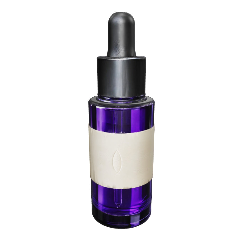 The Serum, a violet glass dropper bottle, in 3D